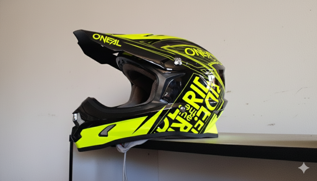 Casco motocross O'Neal amarillo flúor y negro talla M, vista perfil en estantería. Nuevo.