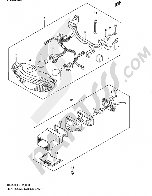 Diagrama de despiece original del piloto trasero y luz de matrícula para Suzuki V-Strom 650 modelo 2011.