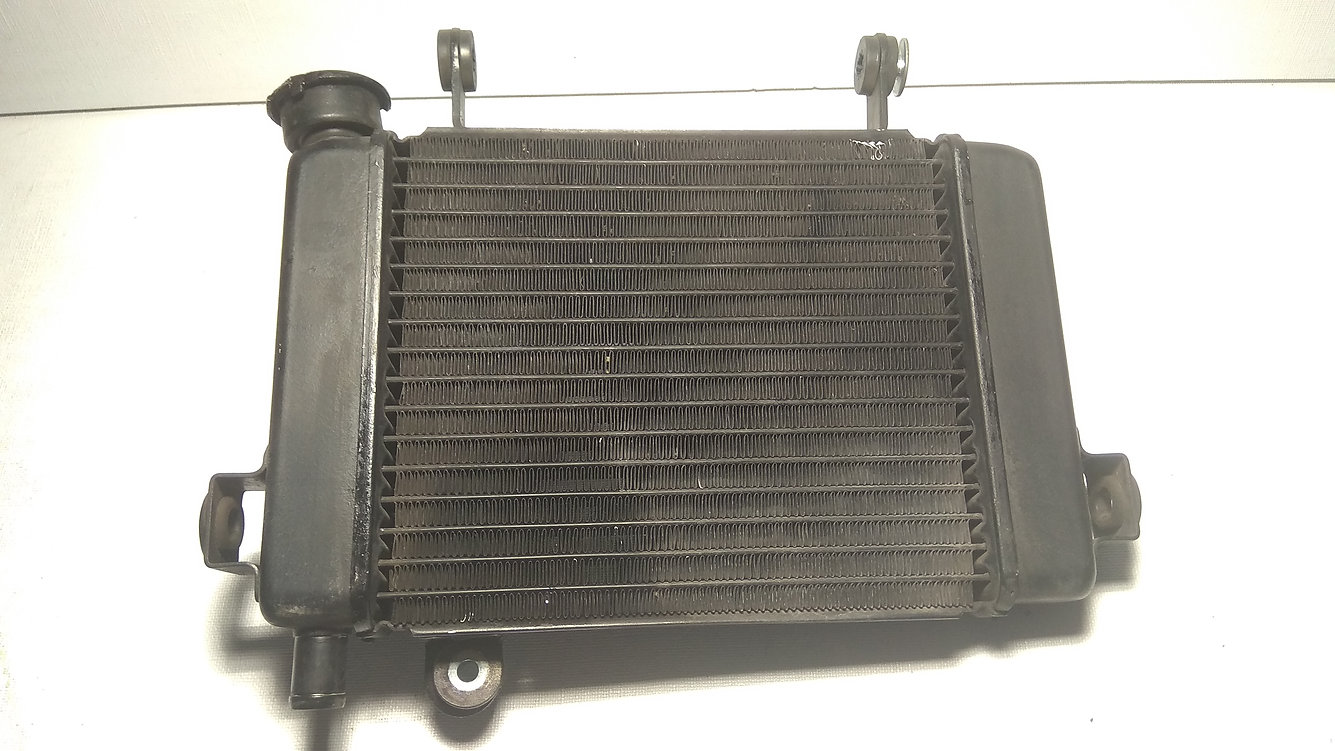 Vista frontal del radiador de agua de aluminio original en color negro para motocicleta Honda CBR 125 R años 2004 a 2006.